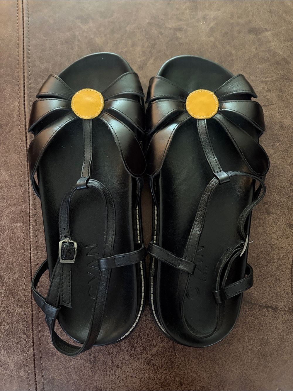 Cyan Black Women's T-Strap Sandal with Yellow Accent
